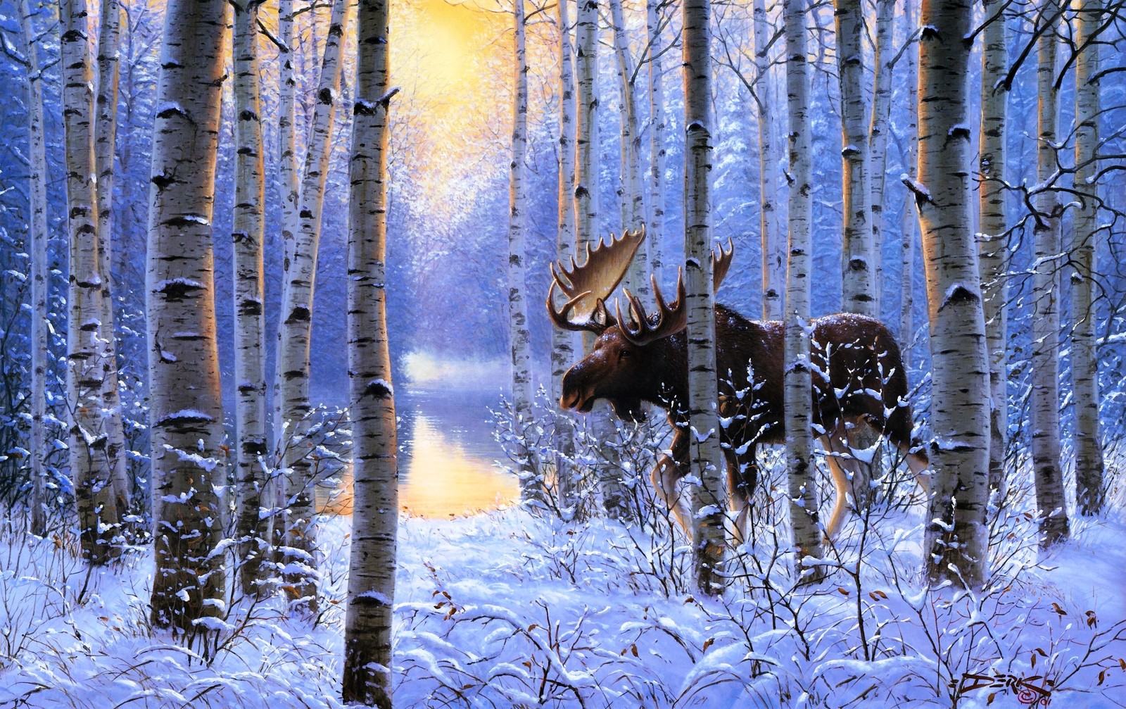 A painting of a moose in a snowy forest with trees (moose, painting, art, canvas, tree)