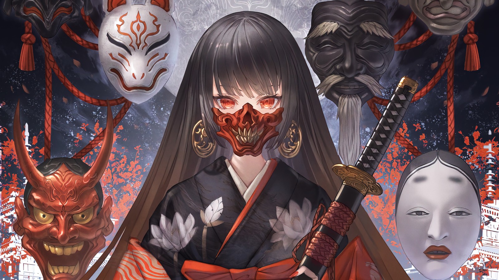 A woman in a kimono outfit holding two swords and a mask (anime girls, mask, katana)