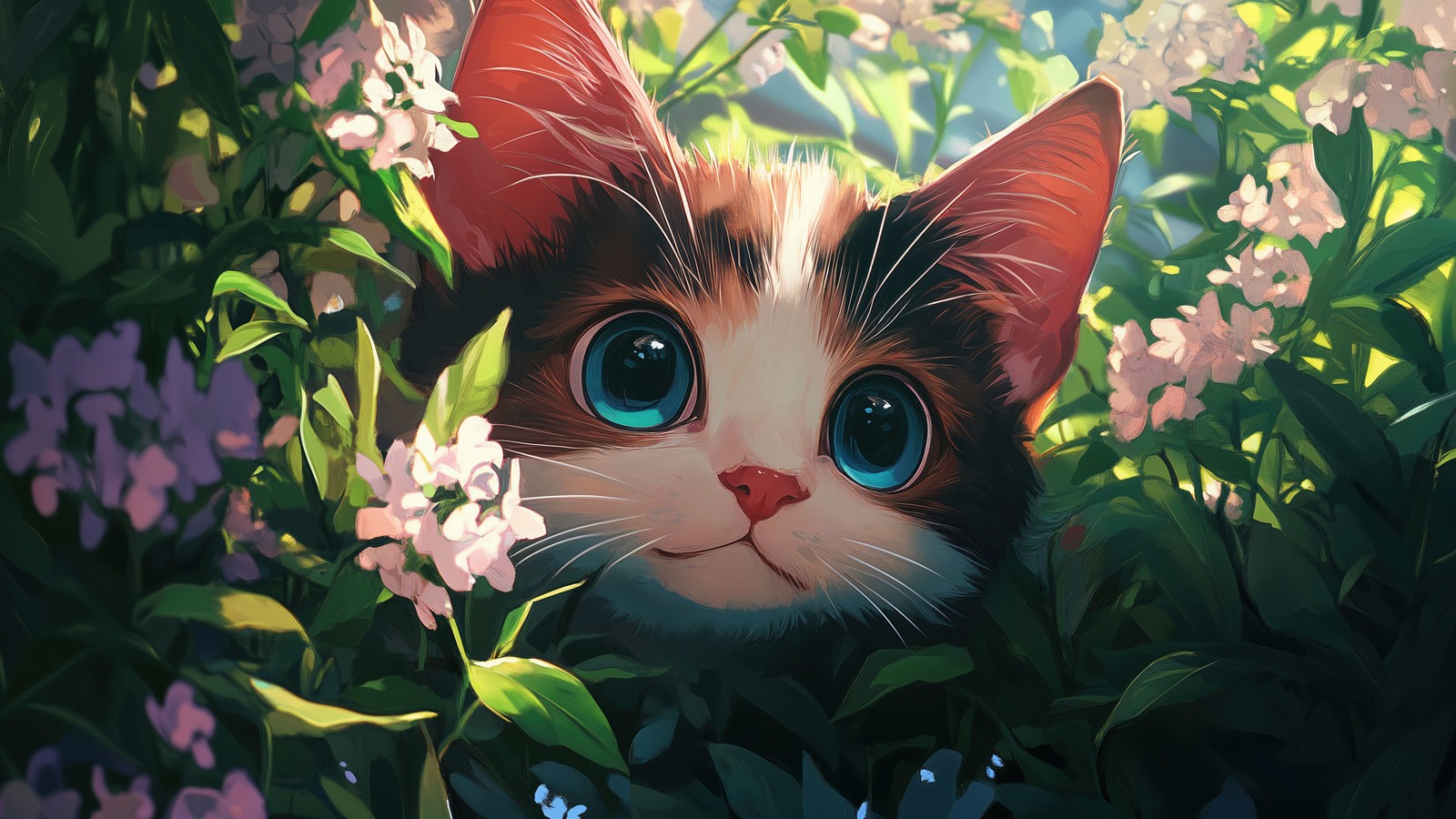 cat, flowers, art wallpaper