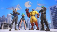 Skin inspiré par Overwatch 2 mettant en vedette des personnages de One Punch Man dans un paysage urbain futuriste