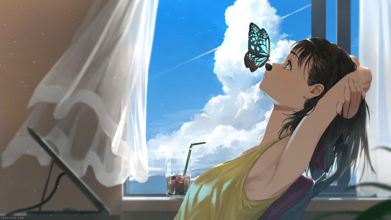 Chica de anime con una mariposa en la mano mirando por la ventana (niñas de anime, anime, mariposa, nubes, arte)