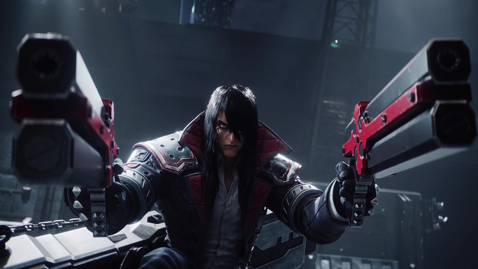 A man in a black jacket holding a red and black gun (gungrave gore, video game, guns)