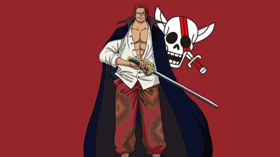 Shanks de One Piece : Rouge avec épée et fond de Jolly Roger