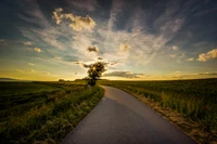 Ruhige Landstraße unter einem dramatischen Himmel bei Sonnenaufgang