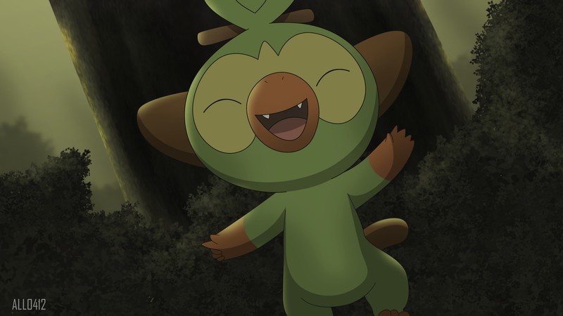 Мультяшный персонаж зеленой птицы с широкой улыбкой на лице (груки, grookey, покемон меч и щит, pokemon sword and shield, видеоигра)