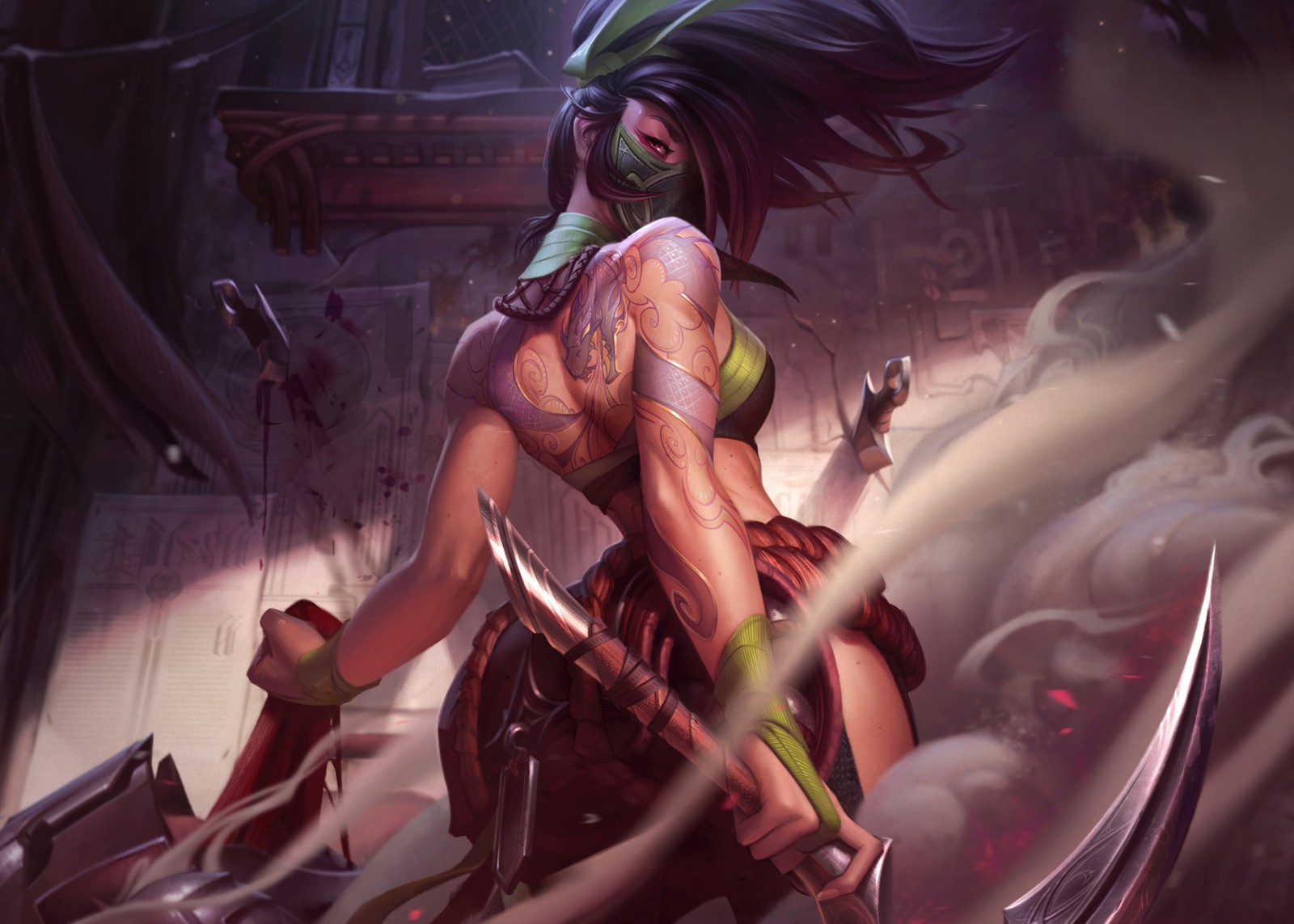 Une femme avec une épée et un couvre-chef vert dans une pièce (akali, œuvre dart, league of legends, jeux, fond décran 4k)