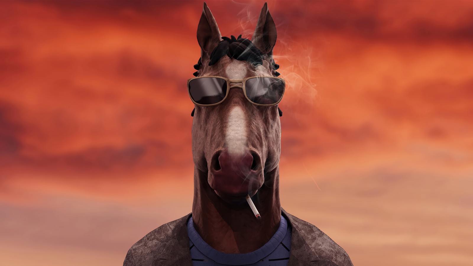 Masqué portant des lunettes de soleil et fumant une cigarette devant un ciel rouge (bojack horseman, netflix, série télévisée, fumer)