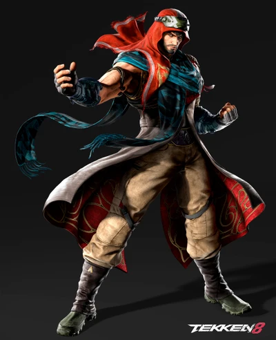 Shaheen aus Tekken 8: Dynamische Charakterdarstellung auf dunklem Hintergrund