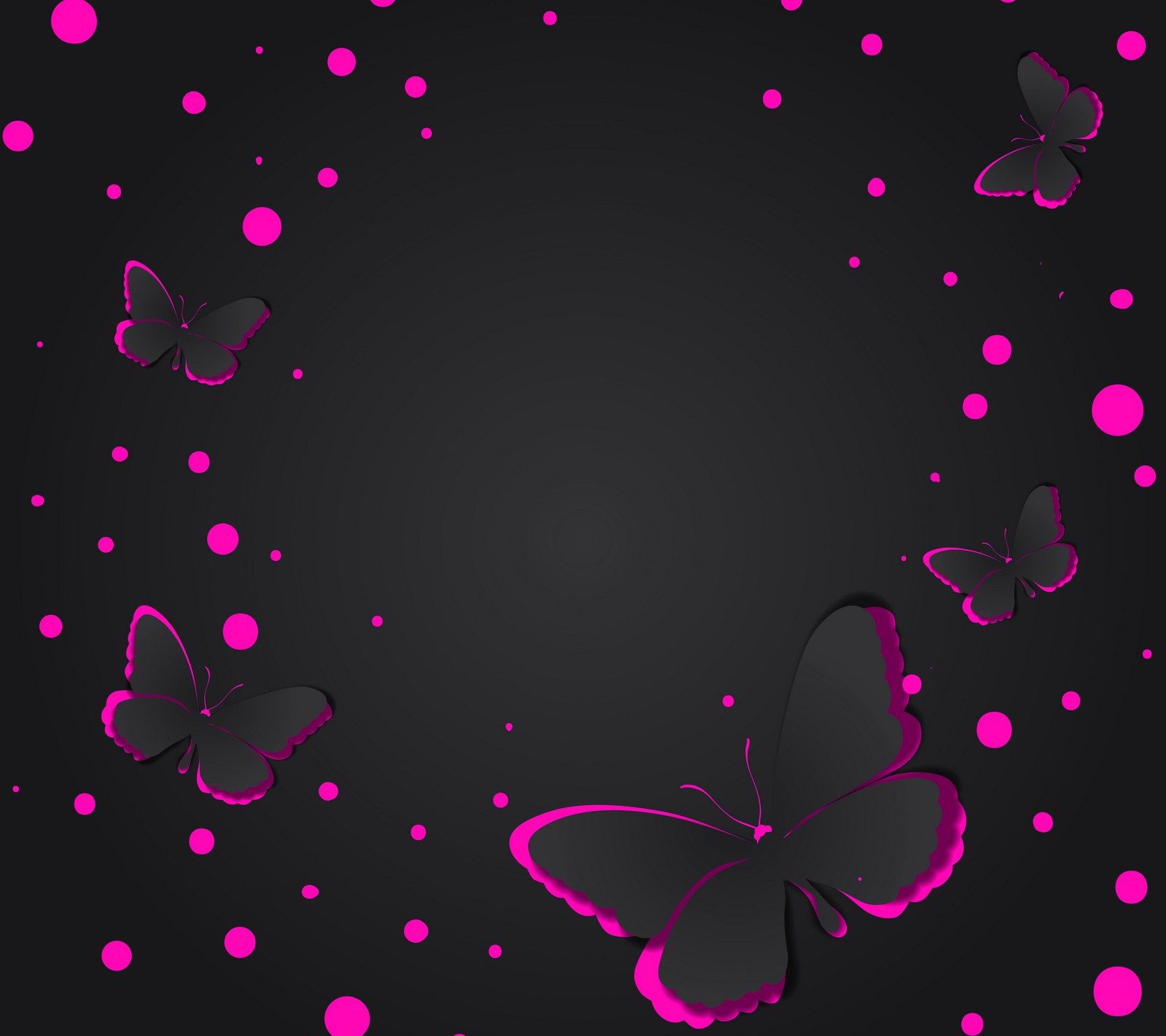 Ein schwarz-pink hintergrund mit schmetterlingen und punkten (abstraktes design, schmetterlinge, pink black background)