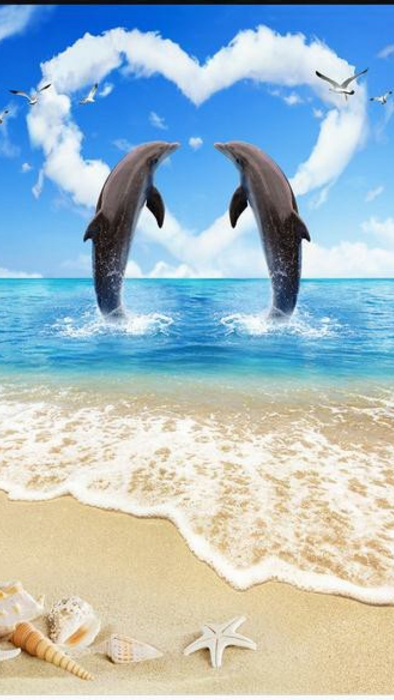 Deux dauphins sautant hors de l'eau en forme de cœur (dauphins, amour, mammals, mer)