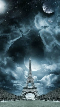 moon, paris, stars, tower wallpaper