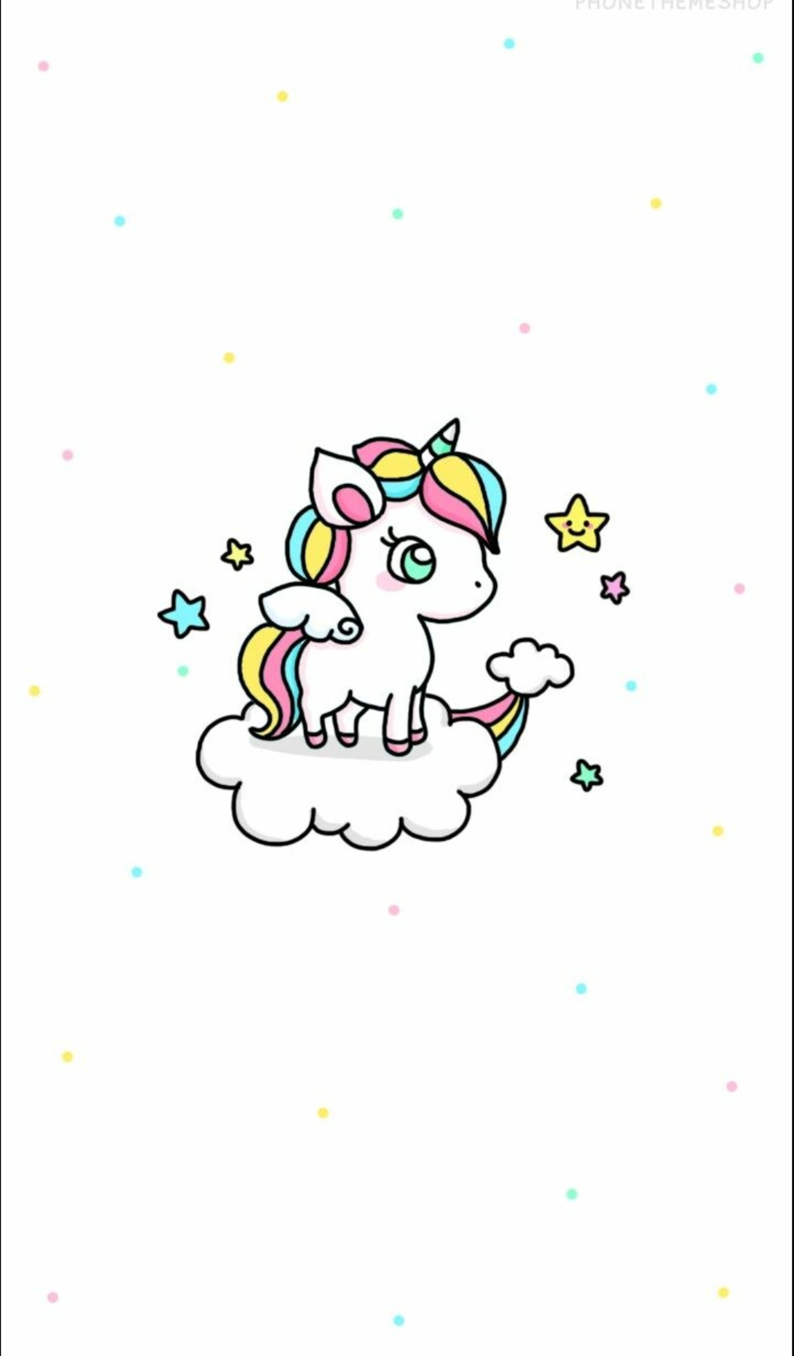 Un fond blanc avec une licorne assise sur un nuage (nuage, mignon, arc en ciel, licorne)