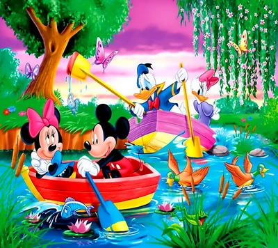 Mickey et Minnie Mouse profitent d'une aventure colorée en canoë avec Donald Duck et Daisy Duck.