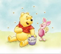 Winnie the Pooh y Piglet disfrutando de miel en un paisaje caprichoso