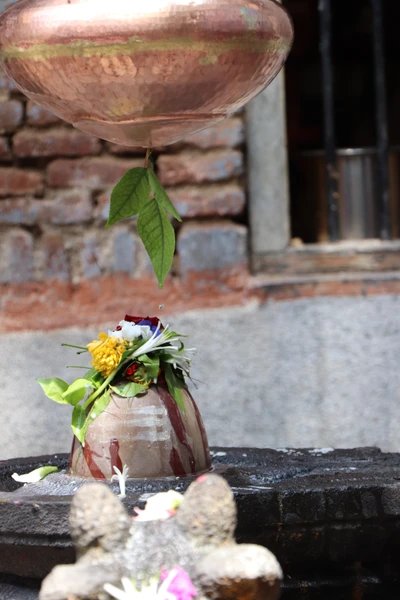 Un lingam sacré de Shiva orné de fleurs et de feuilles, sous un récipient en cuivre suspendu, symbolisant la dévotion et la spiritualité.