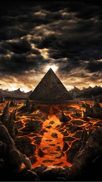 Pyramide enflammée contre un paysage volcanique