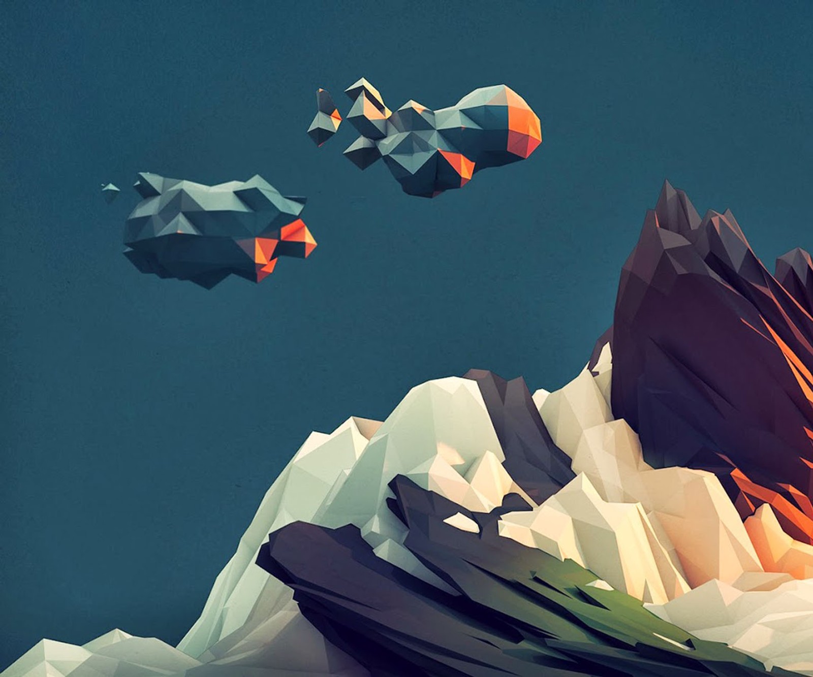 There are many low polygonal objects flying over a mountain (abstract, underwater)