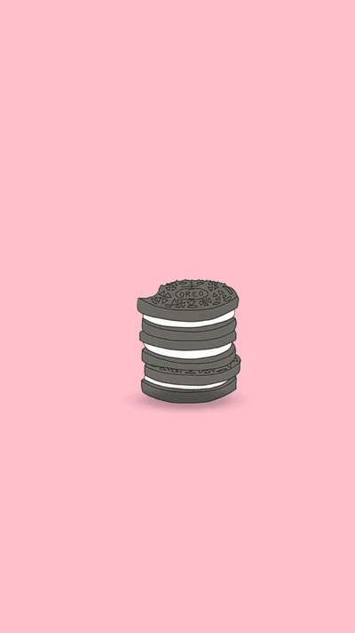 Stack of Oreo cookies with a bite taken out, set against a soft pink background.