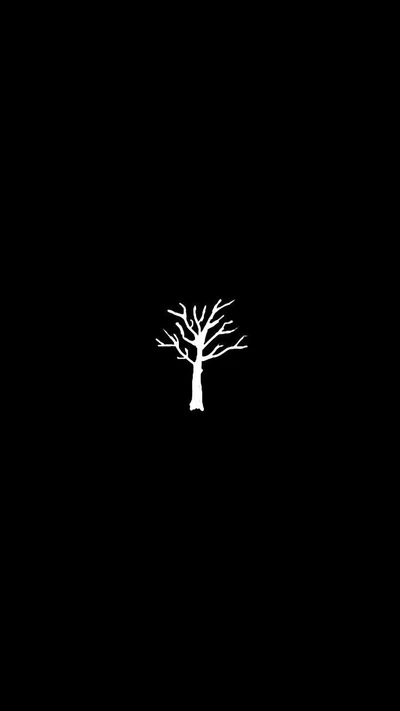 Silhouette minimalista de un árbol sin hojas contra un fondo negro