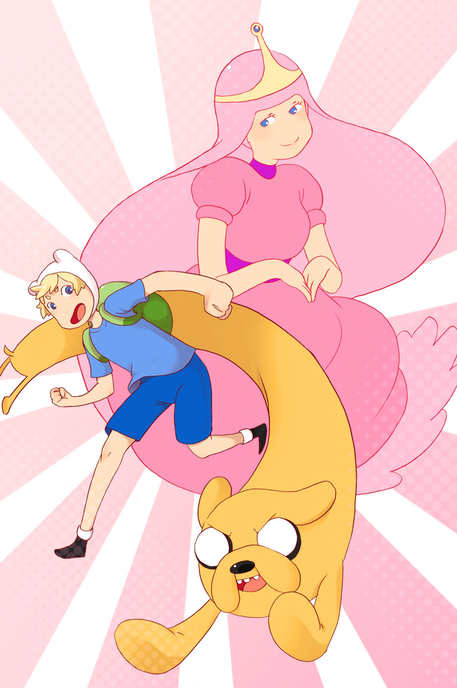 Personagens de desenho animado voando ao redor de uma banana gigante com um cachorro (hora de aventura, adventure time, finn, jake)