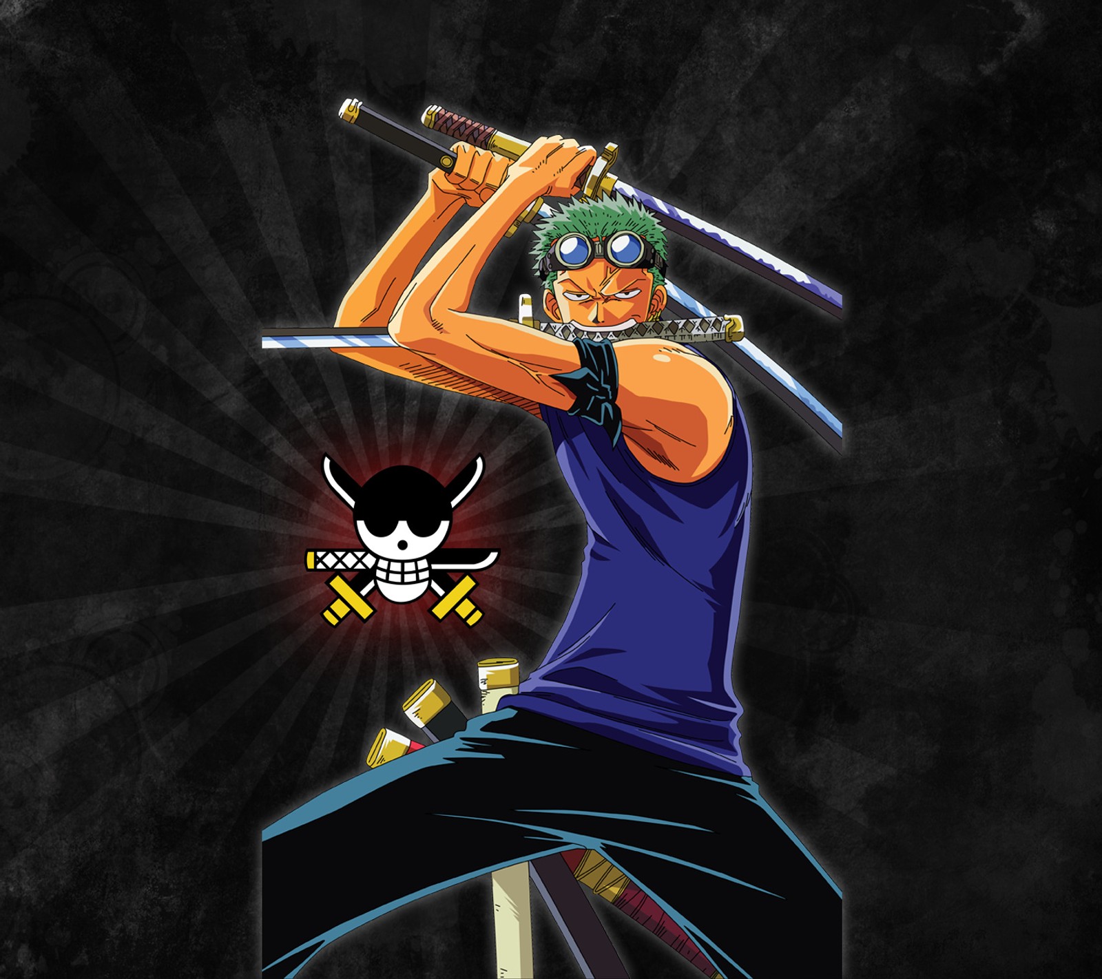 Anime character with a sword and a skull on a black background (one piece, pirate, roronoa zoro, swordsman)