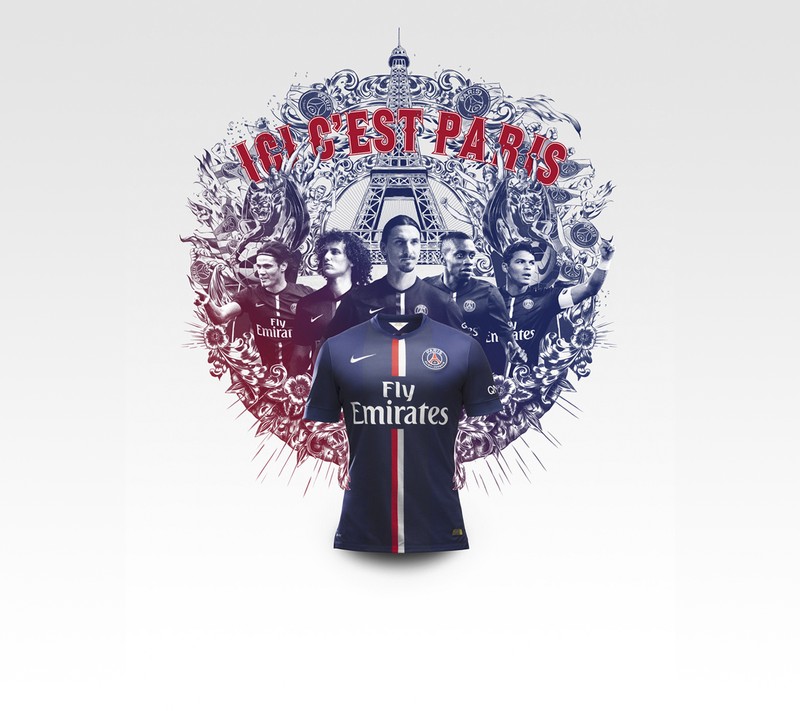 Un gros plan d'une chemise avec l'image d'un homme en uniforme (design, illustration, nike, psg, football)