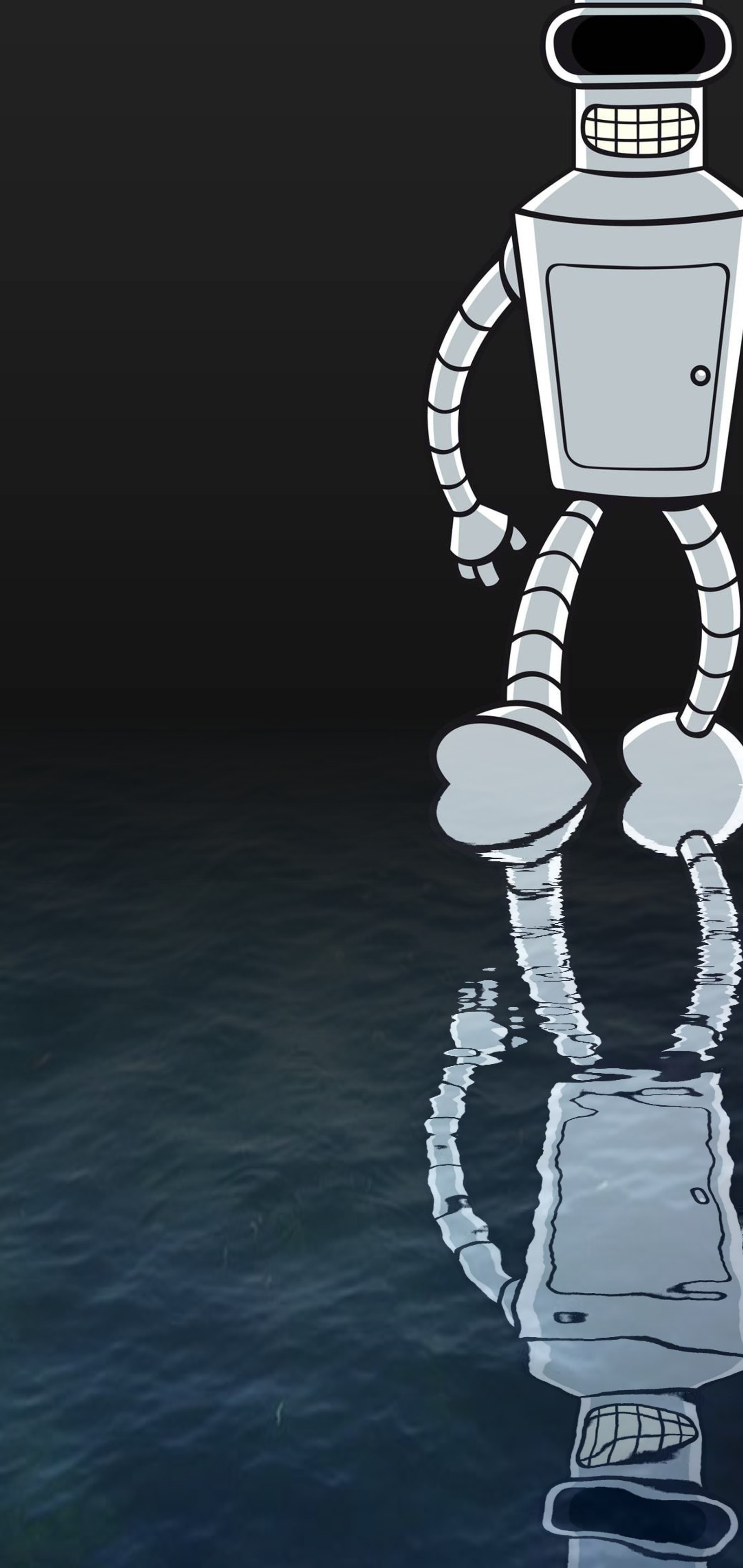 Cartoon robot standing in water with reflection on black surface (bender, futurama, galaxy, nodge, plus)