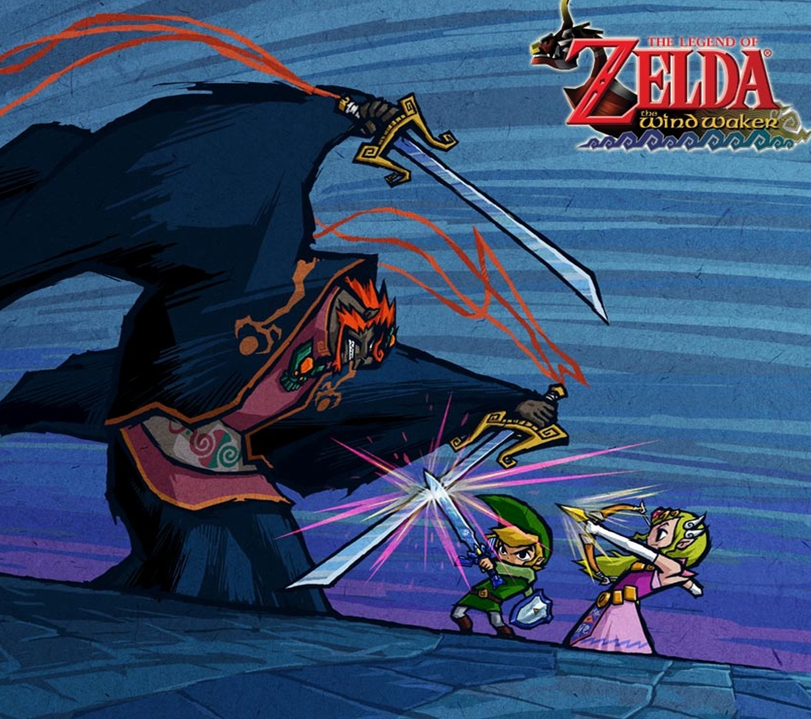 A cartoon of a man holding a sword next to a giant sword (nintendo, wind waker, zelda)