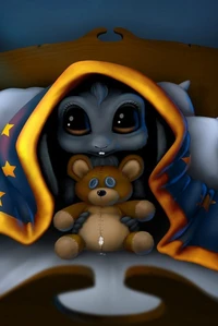 A whimsical creature snuggles under a starry blanket, holding a stitched teddy bear, exuding warmth and comfort in a cozy setting.