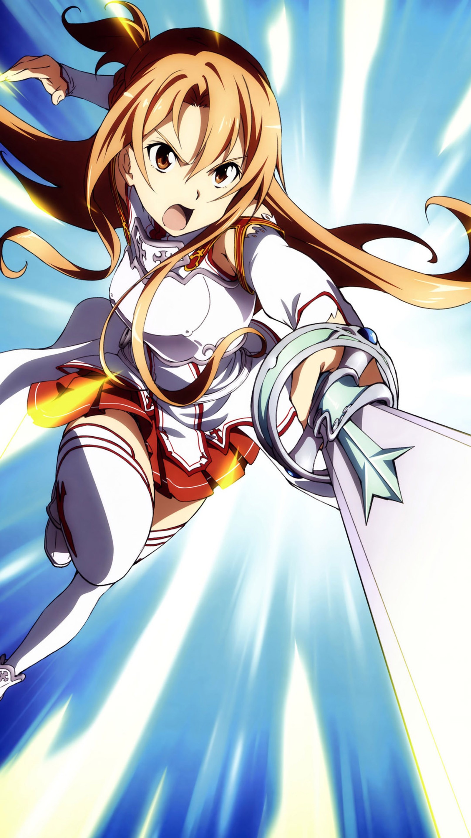 Anime girl with long hair flying through the air with a sword (anime, manga, sao, sword art online)