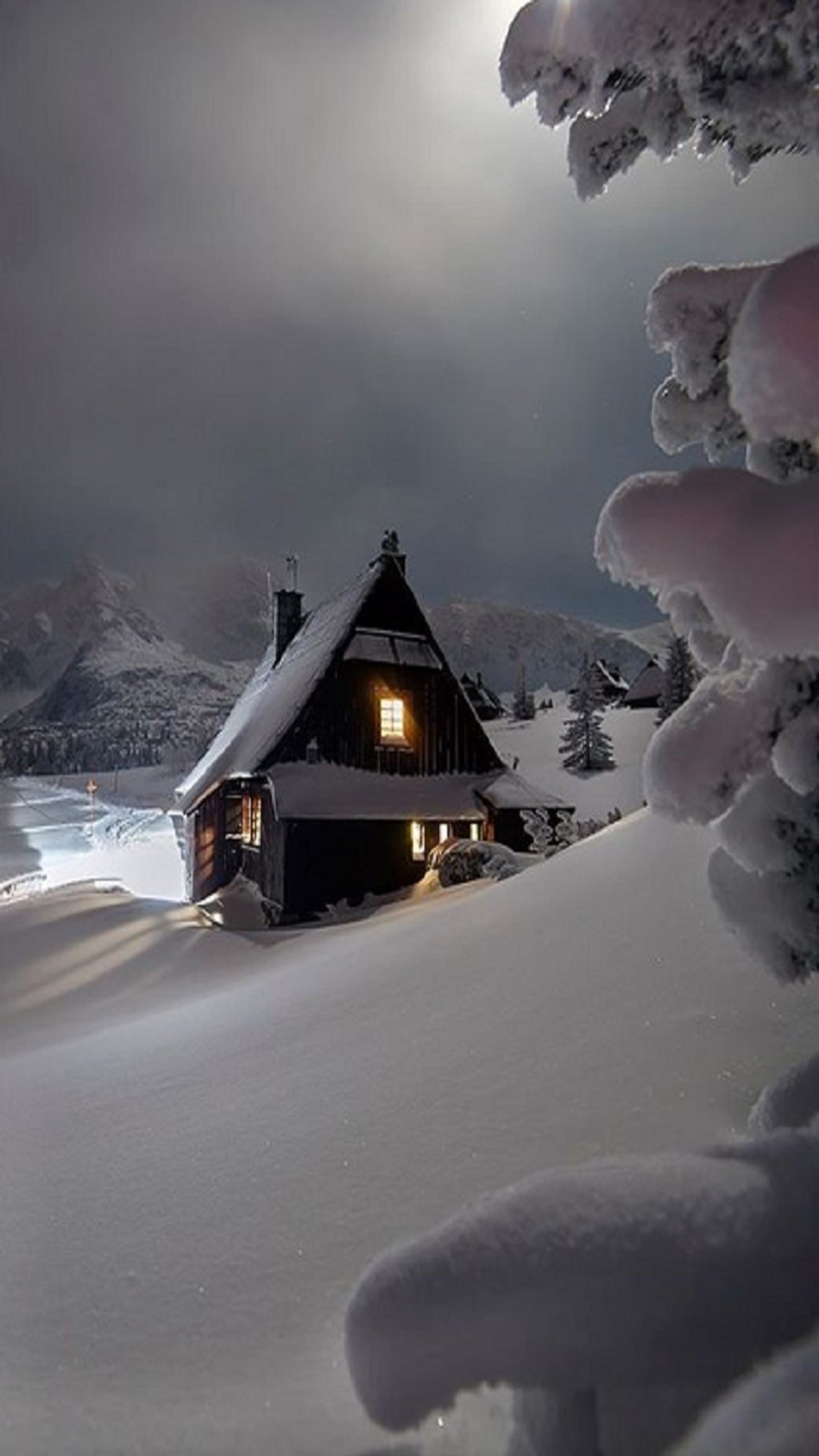 Une scène enneigée d'une cabane dans les montagnes avec une pleine lune (hiver, nuit, neige, arbres)