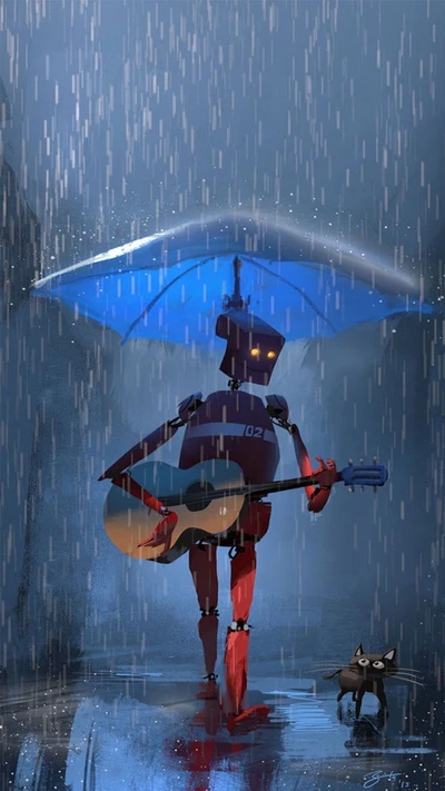 Robot and Kitty Companion Under Blue Umbrella in the Rain