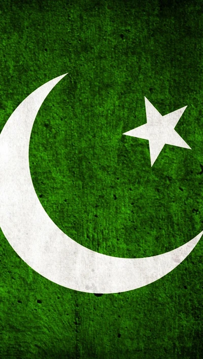 La bandera de Pakistán con una media luna y una estrella blancas sobre un fondo verde.