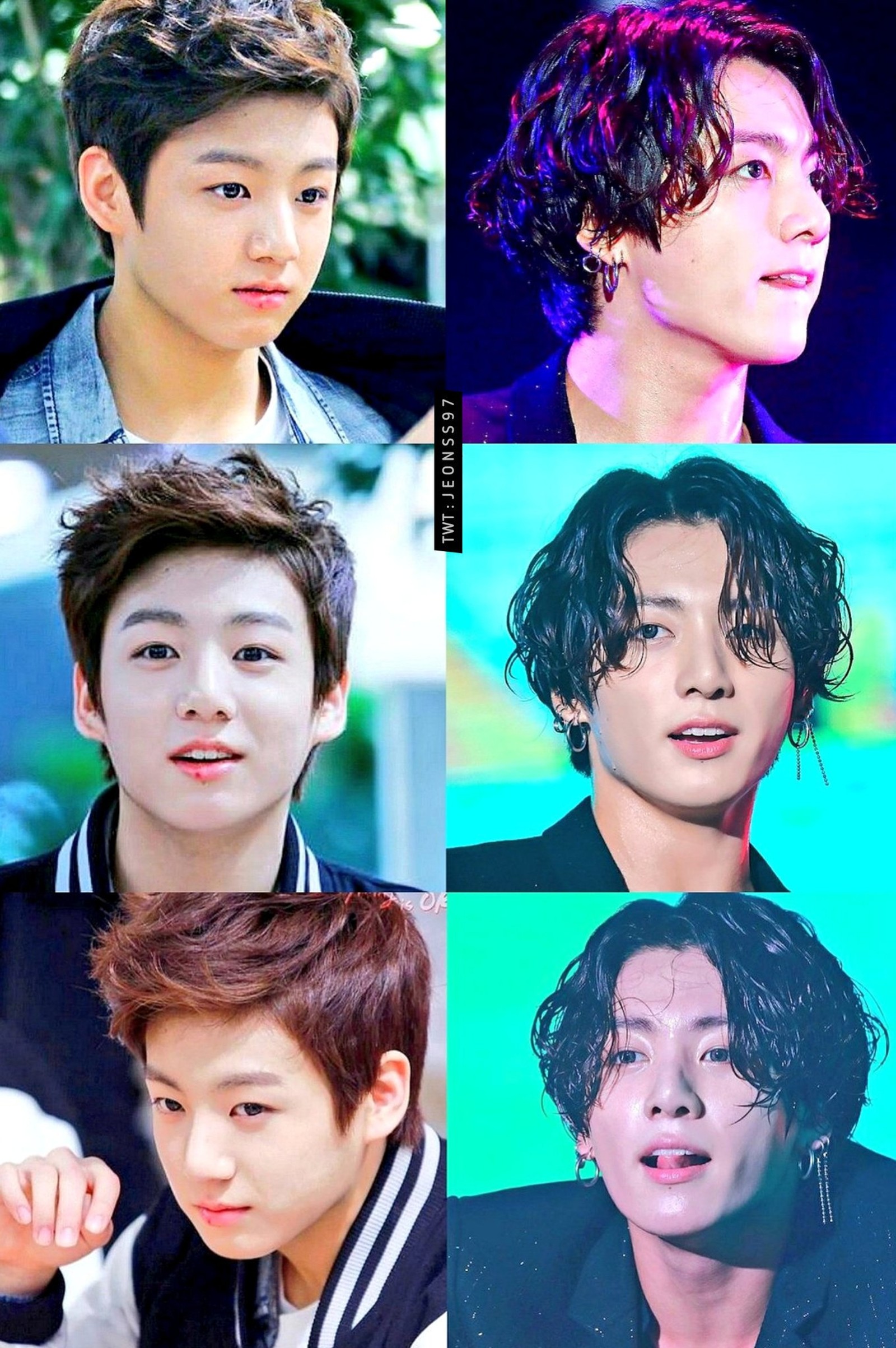 Un groupe de photos d'un homme avec différents styles de cheveux (bts, jungkook)