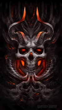 Sinister Horned Skull with Fiery Eyes