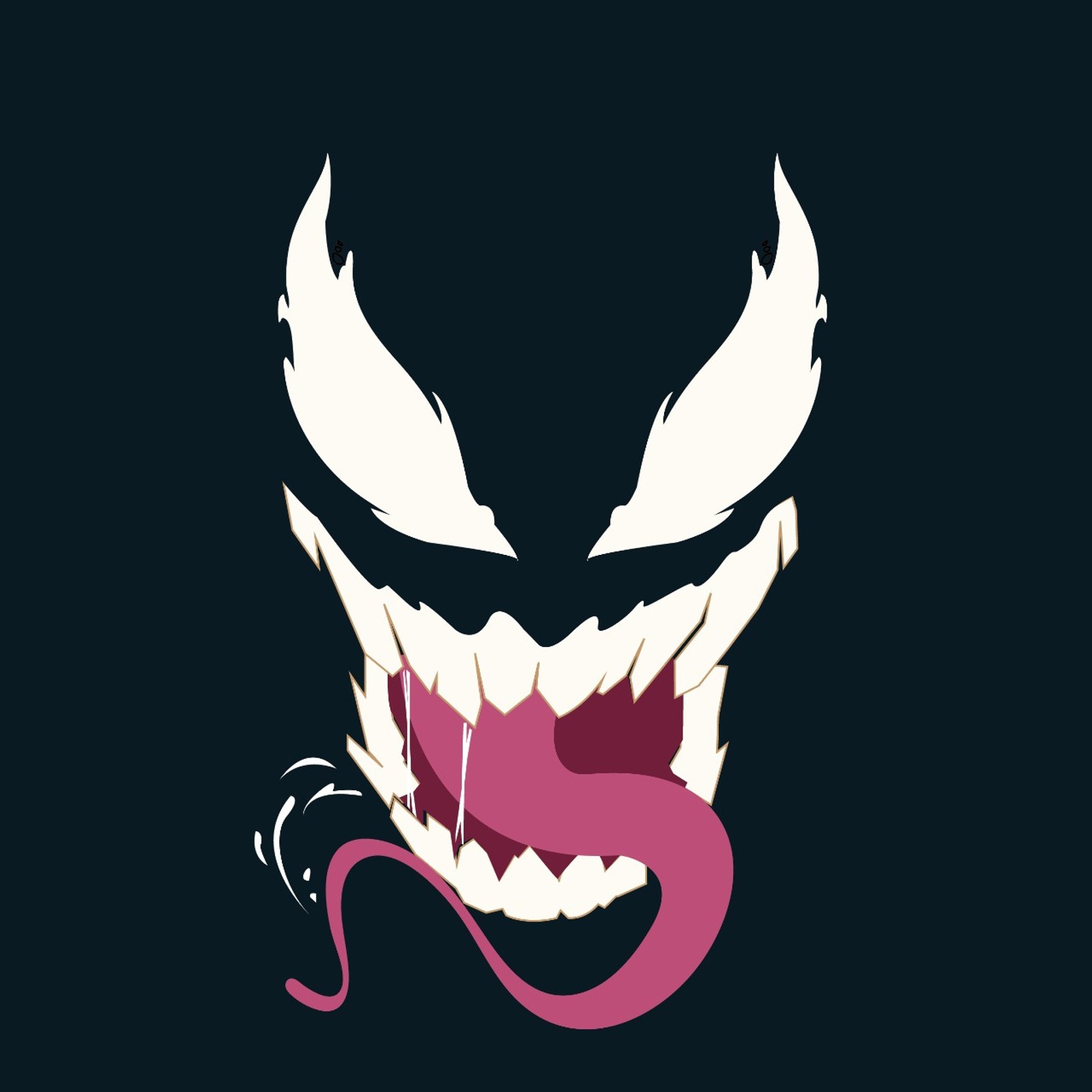 Le visage de venom avec une langue rose et des dents blanches sur un fond noir (monstre)