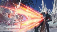 Vergil unleashes powerful demonic energy in a dramatic battle scene from Devil May Cry 5.