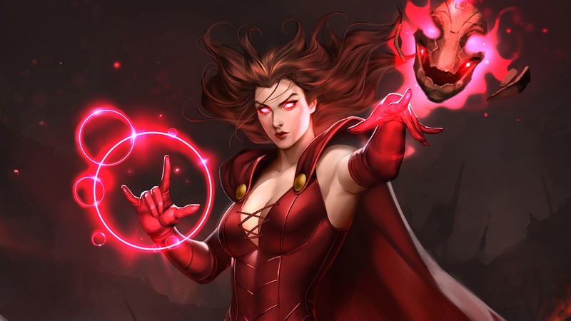 Женщина в красном платье, держащая светящийся шар (алая ведьма, scarlet witch, marvel comics, комиксы)