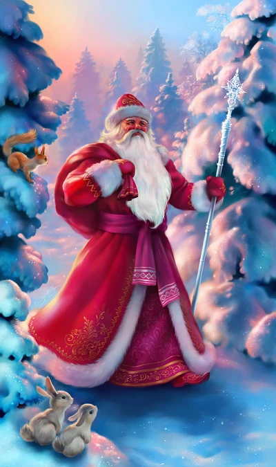 Una representación caprichosa de Santa Claus en una vibrante bata rosa, rodeado de árboles nevados, ardillas juguetonas y conejos, encarnando el espíritu de la Navidad y la magia de las fiestas.