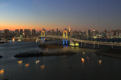 Vibrant Tokyo Skyline at Dusk with Rainbow Bridge and Reflecting Waters