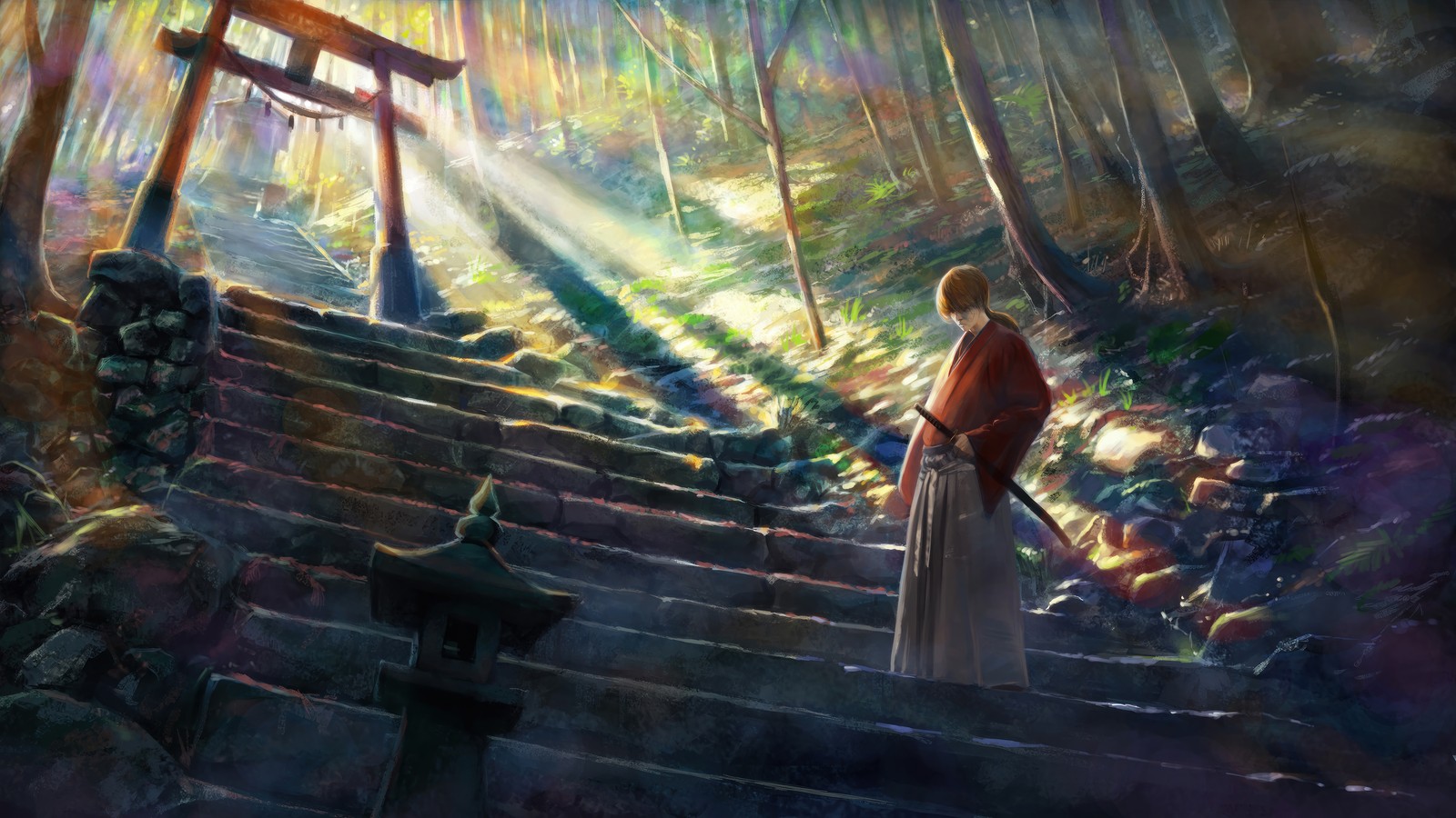 Una pintura de una mujer de pie en un conjunto de escaleras en un bosque (kenshin himura, rurouni kenshin, meiji kenkaku romantan, anime, samurai x)