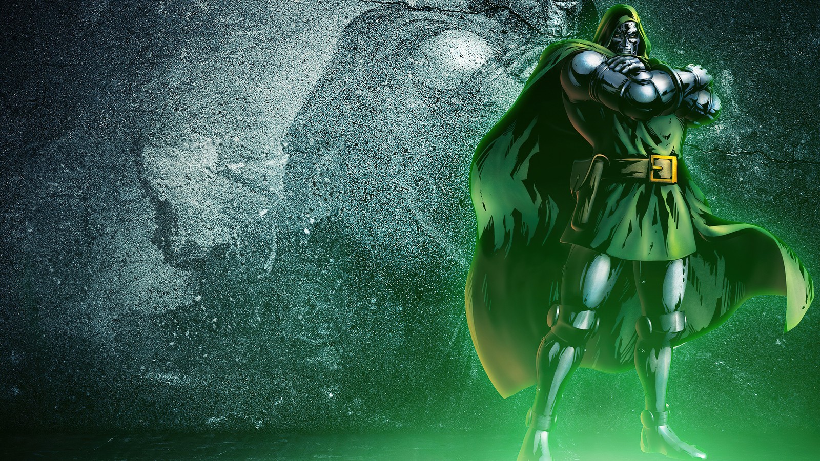 Primer plano de una persona con una capa verde y una luz verde (doctor doom, supervillano, marvel comics, gráficos cgi, graphics cgi)