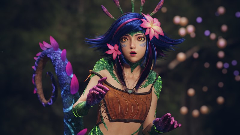 Женщина с синими волосами и зеленым платьем держит веер (нееко, neeko, league of legends, lol, видеоигра)