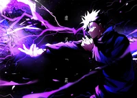 Satoru Gojo unleashes powerful energy in a striking purple backdrop from Jujutsu Kaisen.