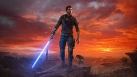 Cal Kestis stands ready with his lightsaber, facing a dramatic sunset landscape in "Star Wars Jedi Survivor.