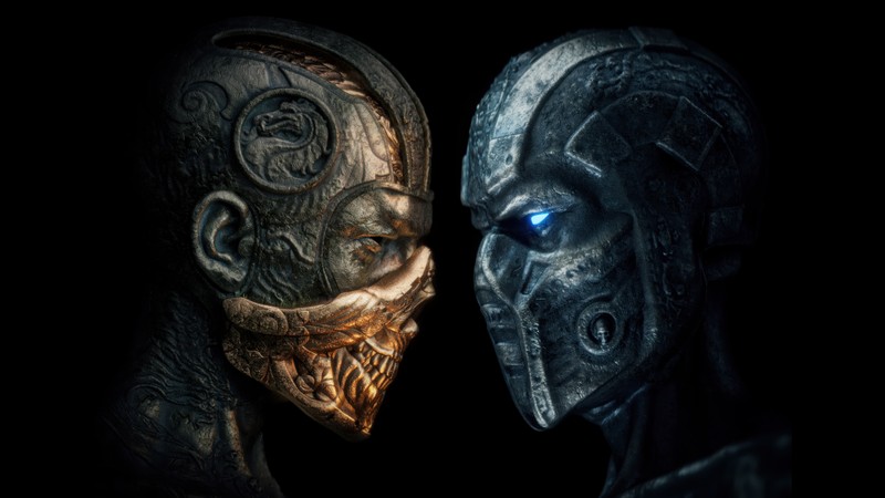 Два человека с металлическими лицами и одним золотым лицом (scorpion vs sub zero, mortal kombat, произведение искусства, 5k, 8k)