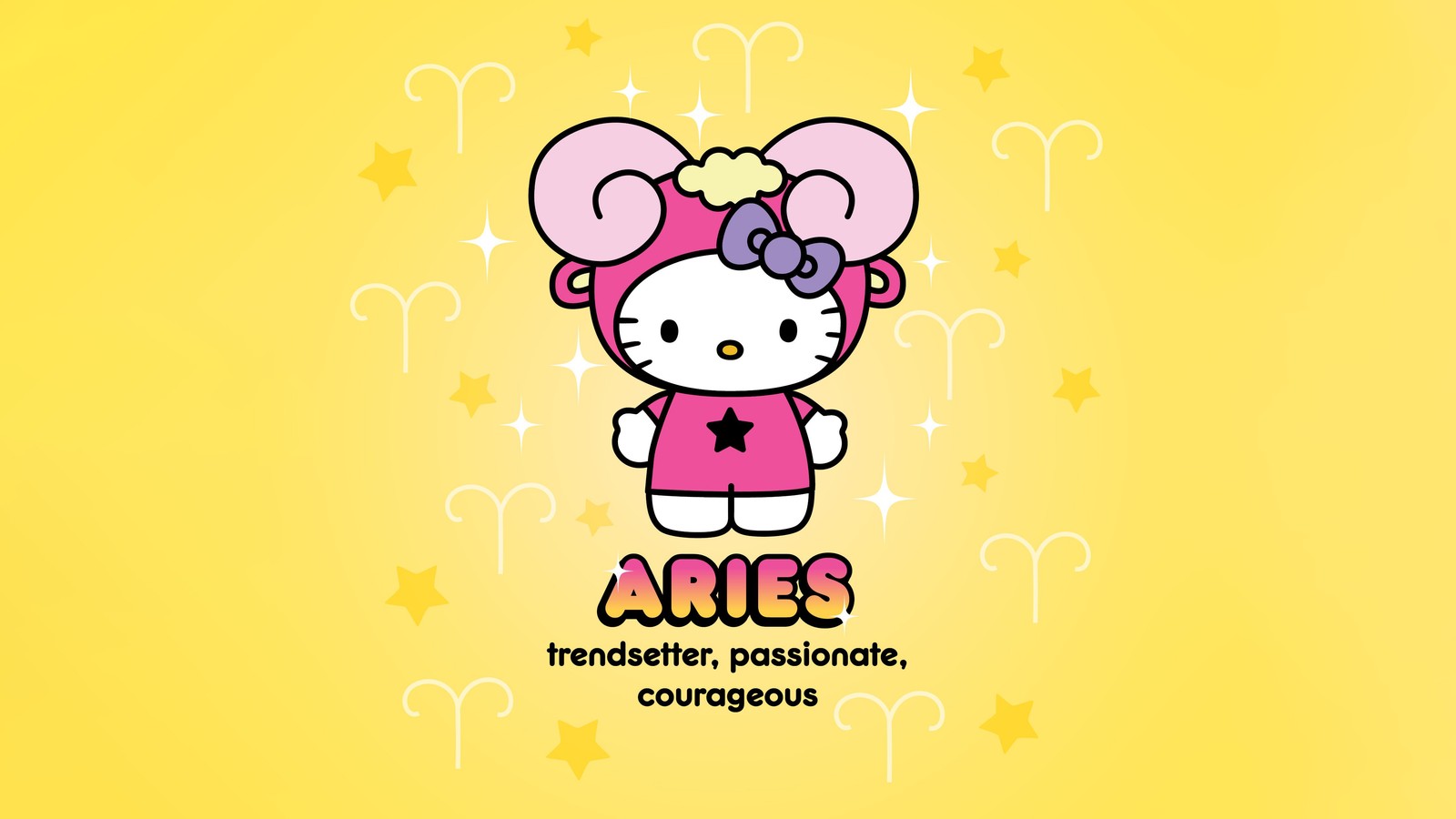 Um personagem da hello kitty com estrelas ao fundo (áries, hello kitty, signo do zodíaco, estética amarela, na moda)