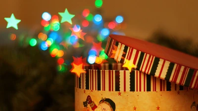 Festive Gift Box with Colorful Christmas Lights