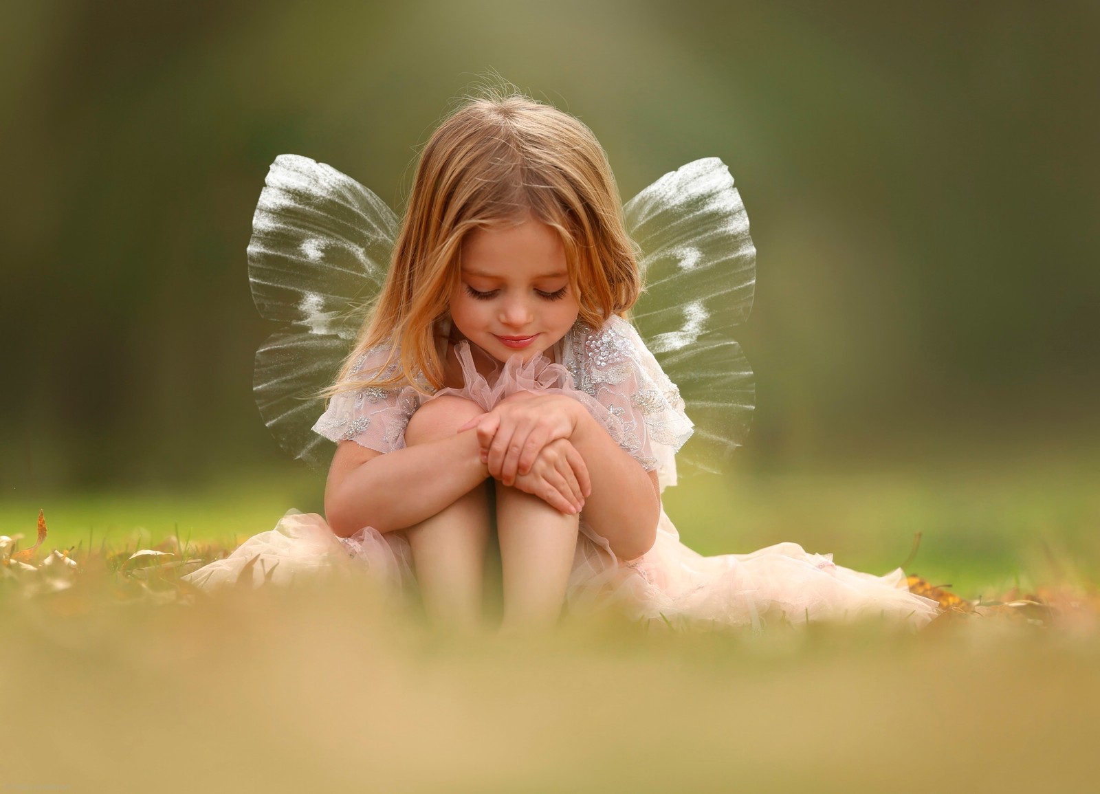 Arafed little girl sitting on the ground with her hands folded in front of her face (fairy, angel, happiness, girl, grass)