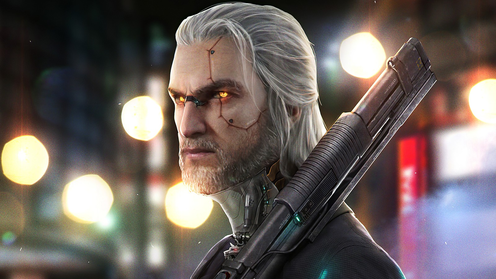 Крупный план мужчины с оружием в руке (ведьмак, the witcher, cyberpunk 2077, геральт из ривии, geralt of rivia)